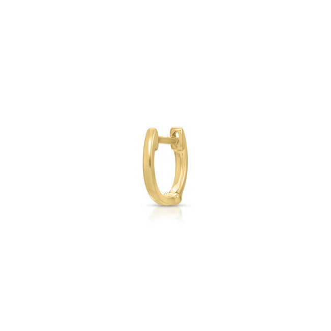 Single EF Collection Gold Mini Huggie Earring in yellow gold on white background.