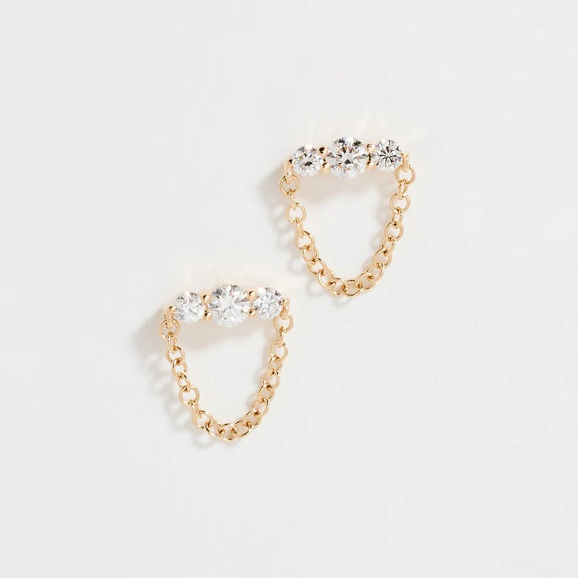 EF Collection Graduated Diamond Bar Chain Stud Earring pair in yellow gold on white background.