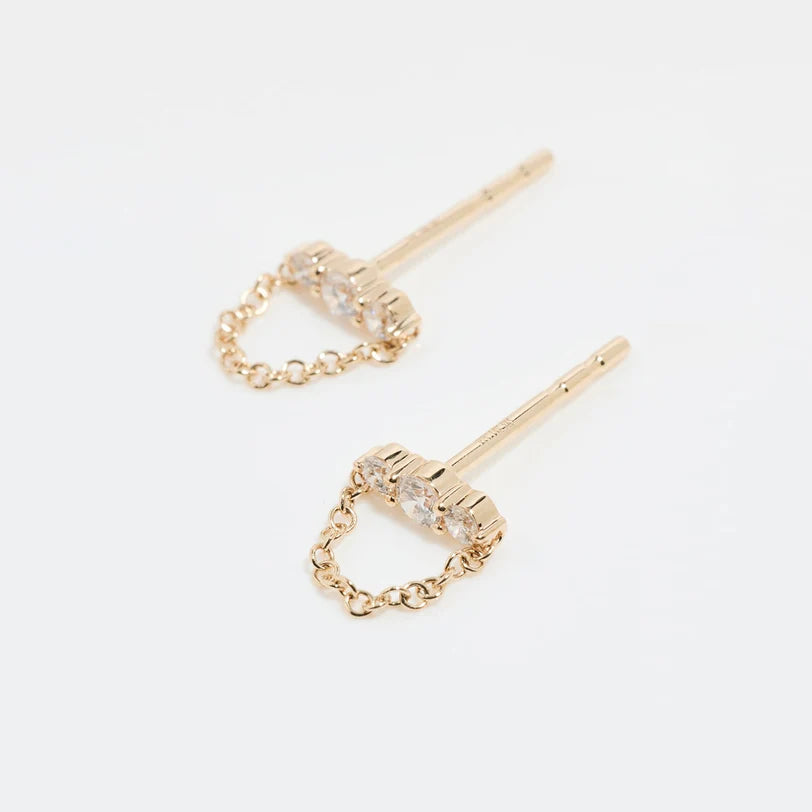 EF Collection Graduated Diamond Bar Chain Stud Earring in yellow gold on white background on a different position