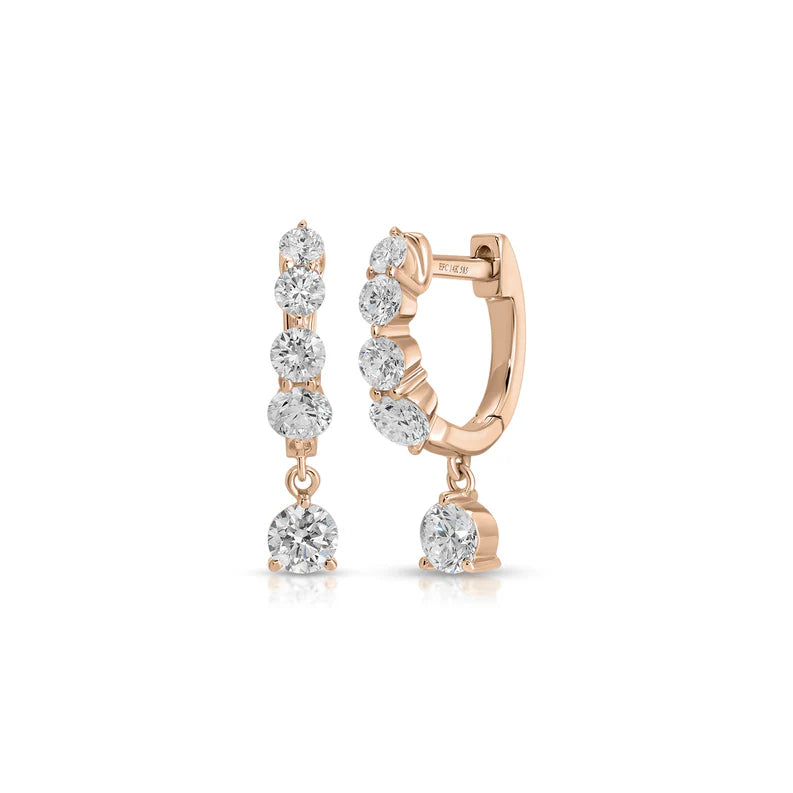 EF Collection Graduated Diamond Drop Mini Huggie Earrings in rose gold on white background.