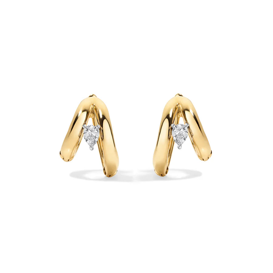 Rosario Navia Helium Diamond Hoops Pear Shaped in yellow gold on white background.