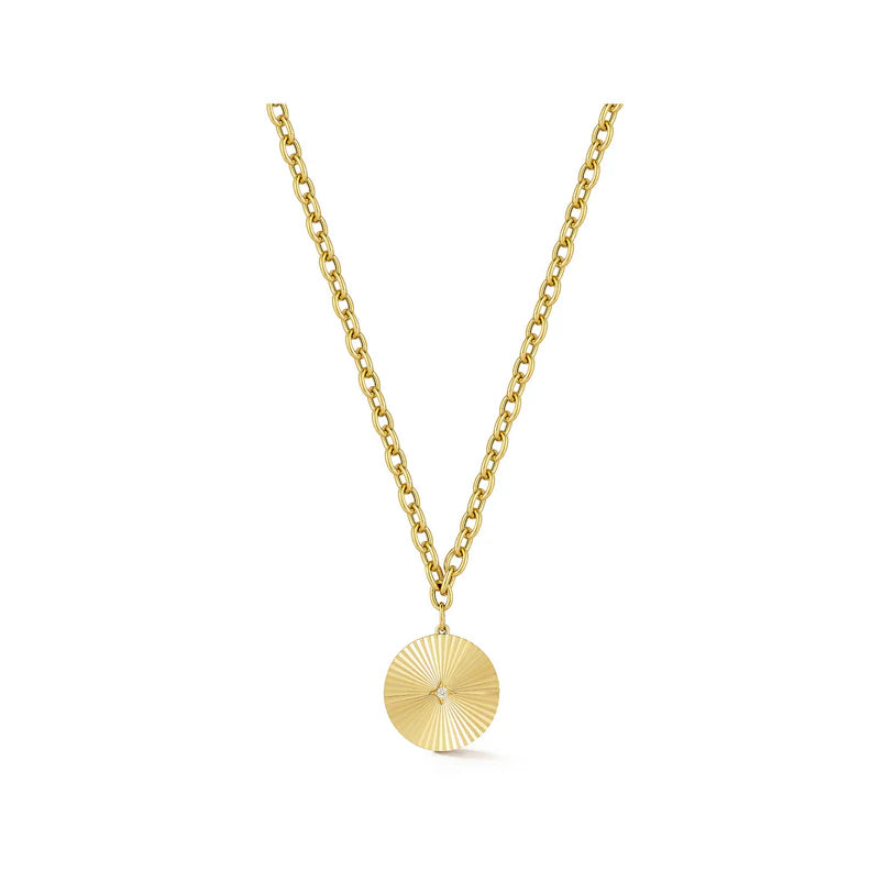 EF Collection Jumbo Gold & Diamond Fluted Disc Chain Necklace in yellow gold on white background.