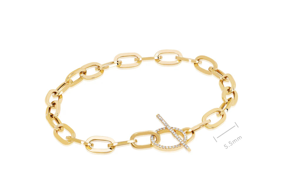 EF Collection Jumbo Link Chain & Diamond Toggle Bracelet in yellow gold on white background with chain dimensions.