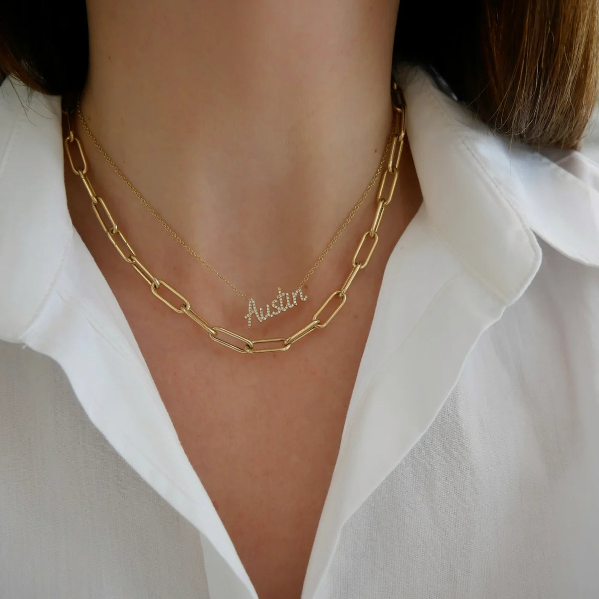 EF-Collection Jumbo Lola Chain Necklace in yellow gold on models neck with diamond austin necklace