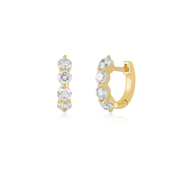 EF-Collection Jumbo Prong Set Diamond Mini Huggie Earrings in yellow gold on white background