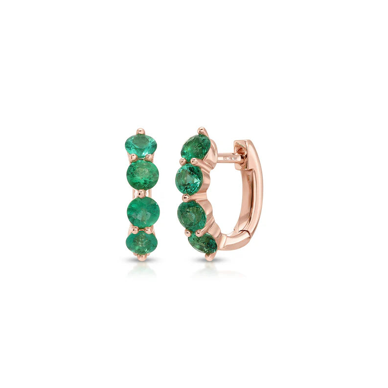 Ef collection Jumbo Prong Set Emerald Mini Huggie Earrings in rose gold on white background.