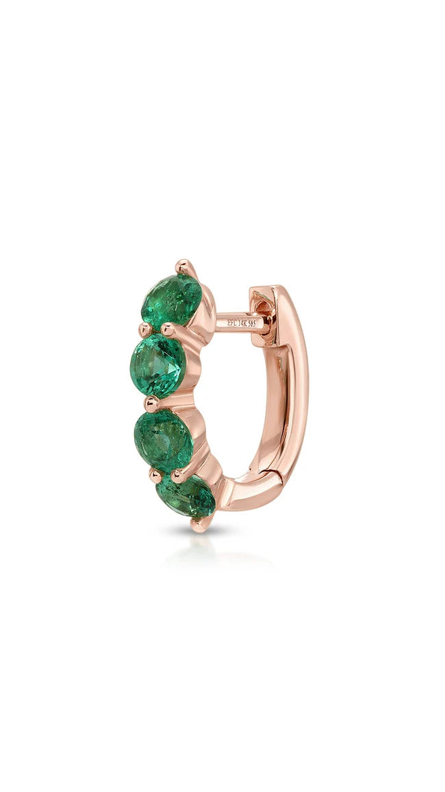 Ef collection Single Jumbo Prong Set Emerald Mini Huggie Earrings in rose gold on white background.