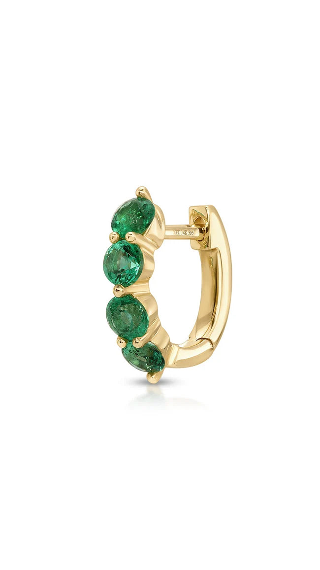 Ef collection Single Jumbo Prong Set Emerald Mini Huggie Earrings in yellow gold on white background.