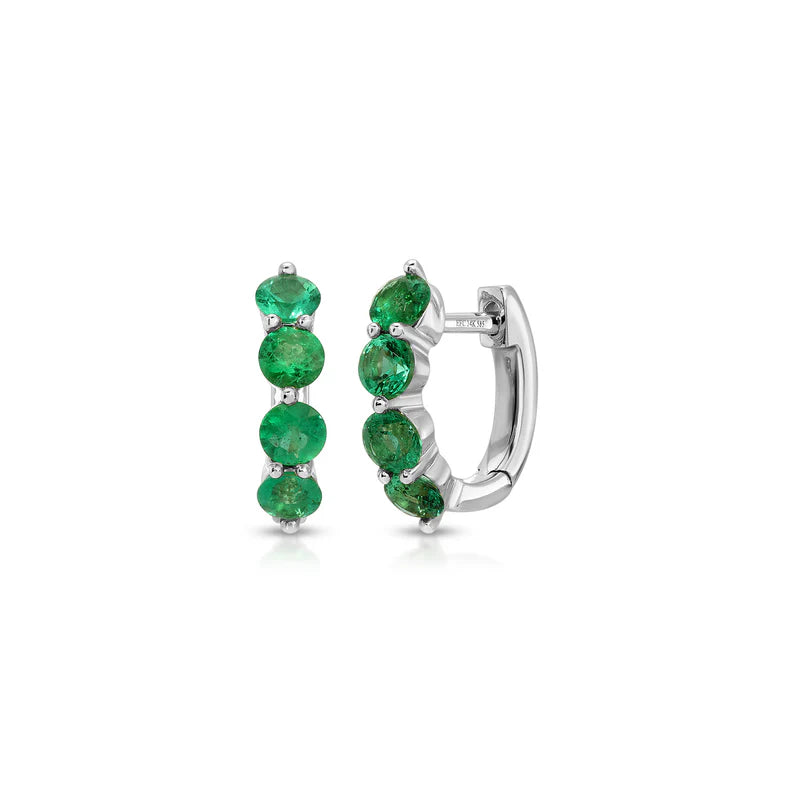 Ef collection Jumbo Prong Set Emerald Mini Huggie Earrings in white gold on white background.