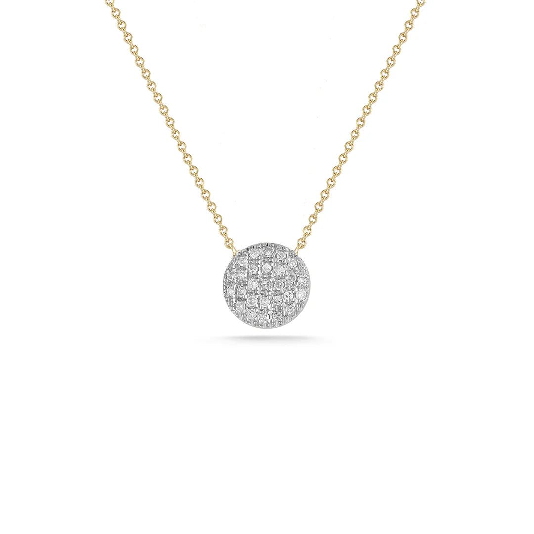 Dana Rebecca Designs Lauren Joy Medium Disc Necklace in yellow and white gold on white background