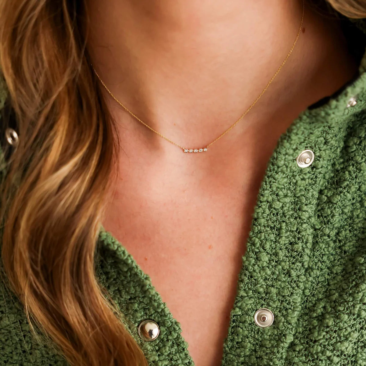 close up of Dana Rebecca Designs Lulu Jack Mini Bezel Bar Necklace in Yellow Gold