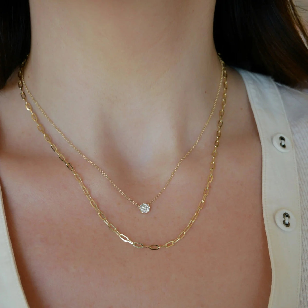 EF-Collection Mini Link Chain Necklace in yellow gold styled on models neck with diamond disc necklace