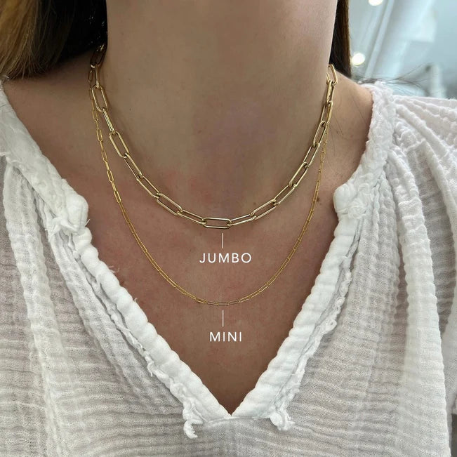EF Collection Mini Lola Chain Necklace in yellow gold on models neck comparing the jumbo chain necklace.
