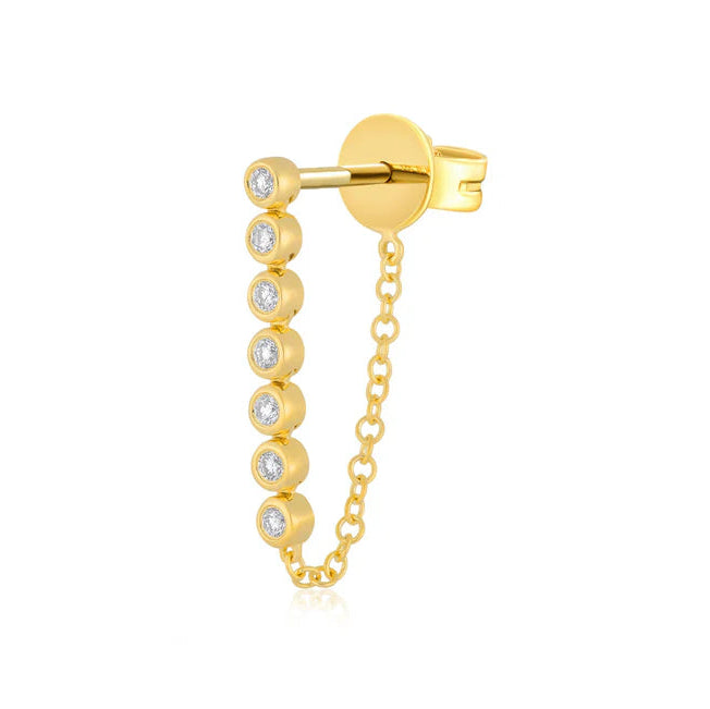 Single EF Collection Multi Diamond Bezel Chain Stud Earring in yellow gold displayed on white background.