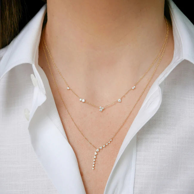 EF Collection Multi Diamond Cluster Necklace in yellow gold layered on models neck