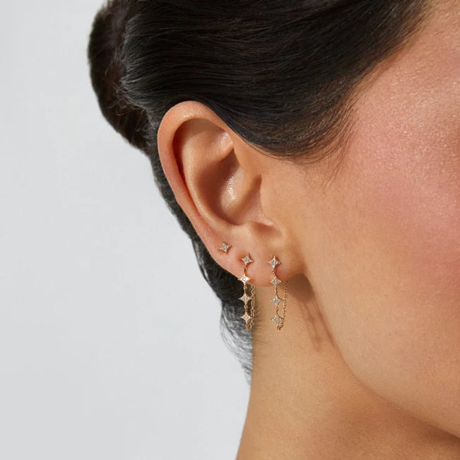 EF Collection Multi Diamond Sparkle Chain Stud Earring in yellow gold styled on models ear.
