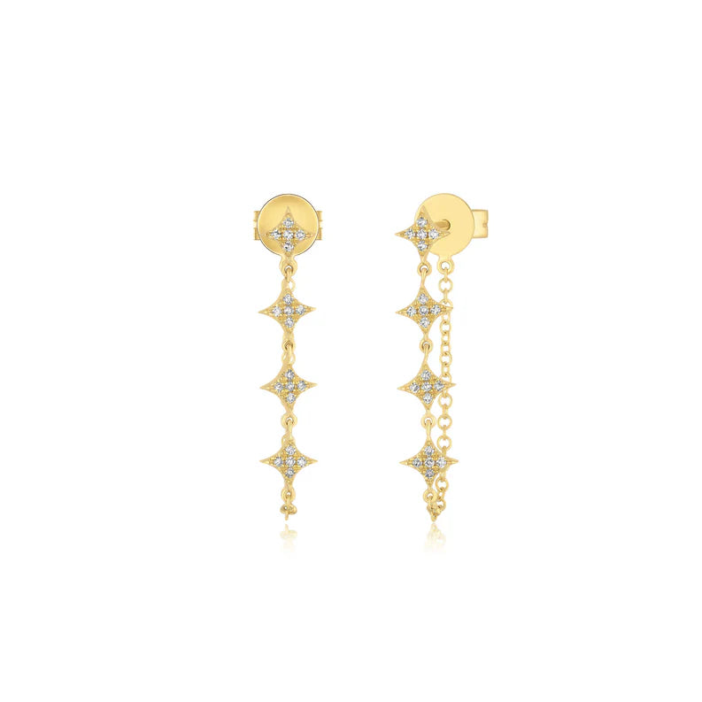 EF Collection Multi Diamond Sparkle Chain Stud Earring in yellow gold on white background.