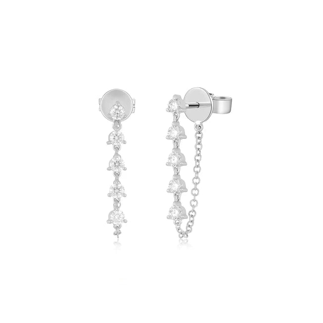 EF-Collection Multi Diamond Chain Stud Earrings in white gold on white background