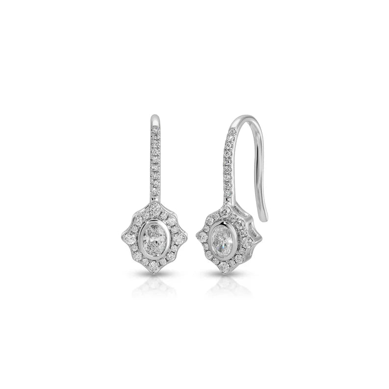 EF Collection Oval Diamond Daphne Drop Earrings in white gold on white background.
