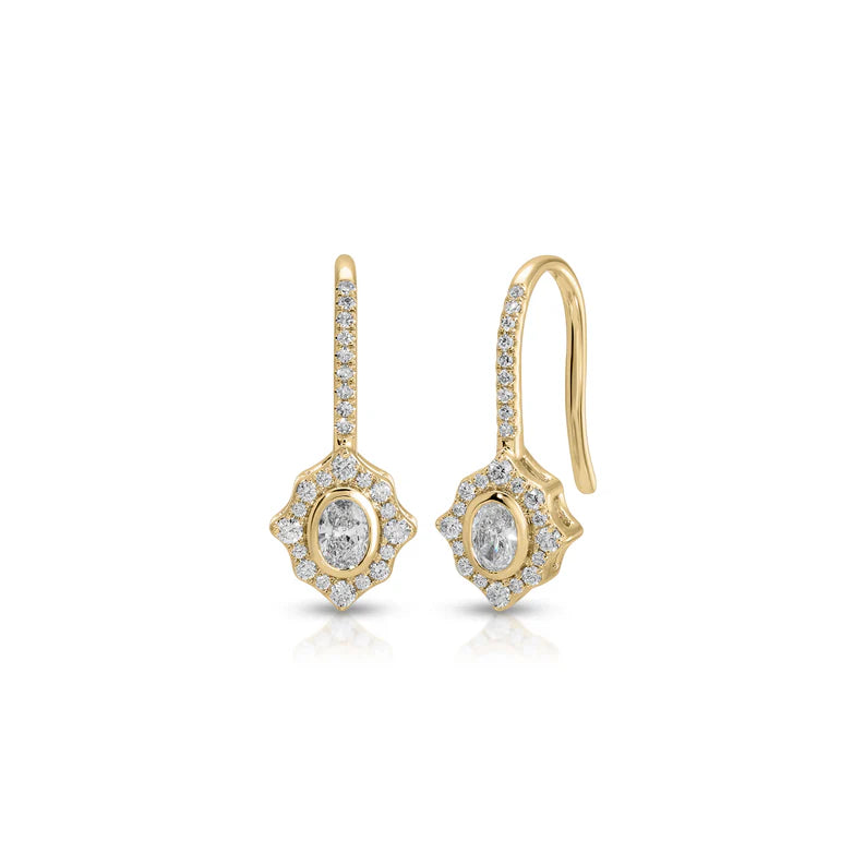 EF Collection Oval Diamond Daphne Drop Earrings in yellow gold on white background.
