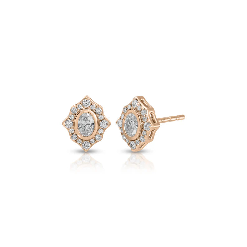 EF Collection Oval Diamond Daphne Stud Earrings in rose gold on white background.