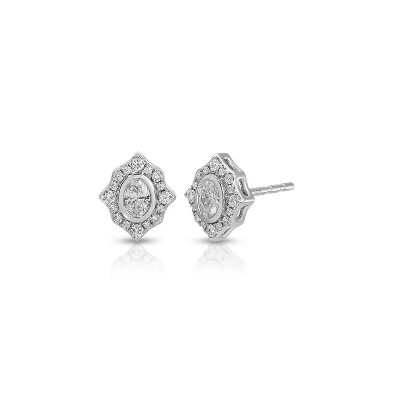 EF Collection Oval Diamond Daphne Stud Earrings in white gold on white background.