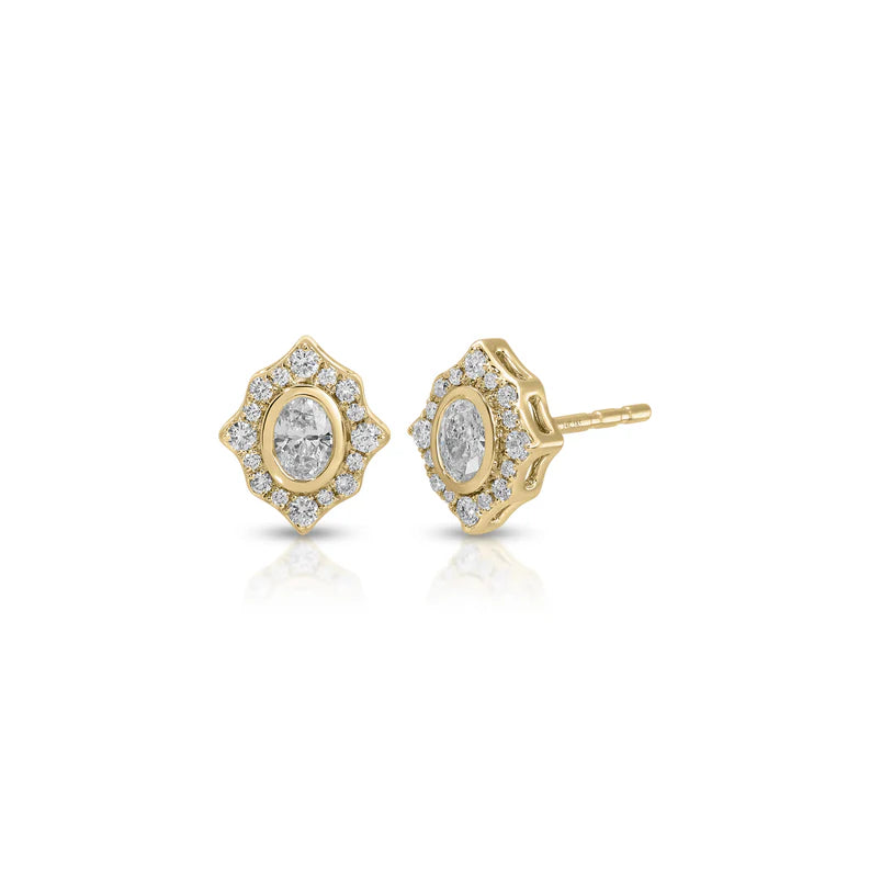 EF Collection Oval Diamond Daphne Stud Earrings in yellow gold on white background.