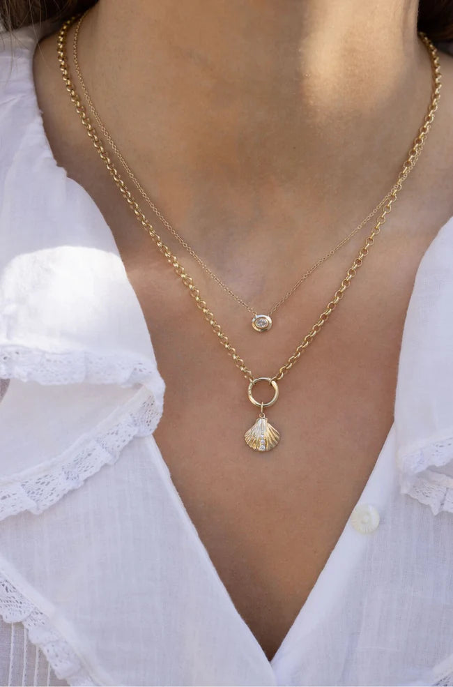 EF Collection Oval Diamond Necklace in yellow gold styled on models neck