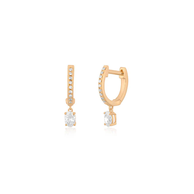 EF Collection Oval Drop Diamond Mini Huggie Earring in rose gold on white background.