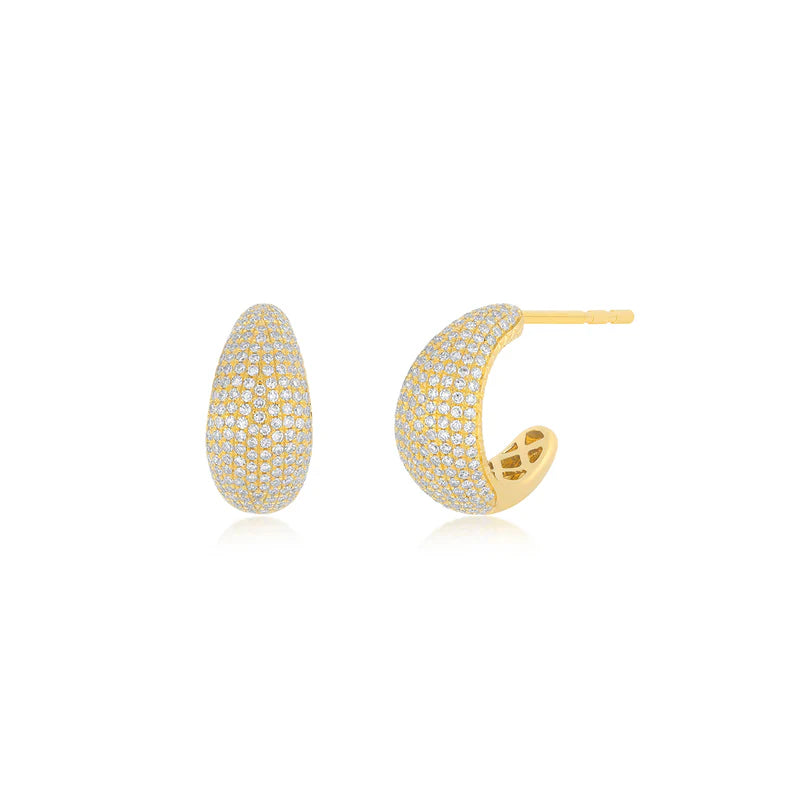 EF Collection Pavé Diamond Jumbo Dome Huggie Earrings in yellow gold on white background.