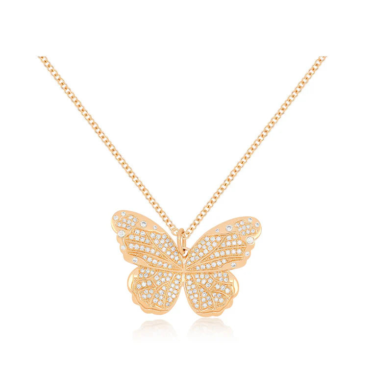 EF Collection Pavé Diamond Jumbo Butterfly Necklace in rose gold on white background.