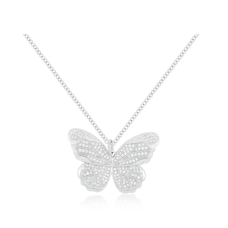 EF Collection Pavé Diamond Jumbo Butterfly Necklace in white gold on white background.