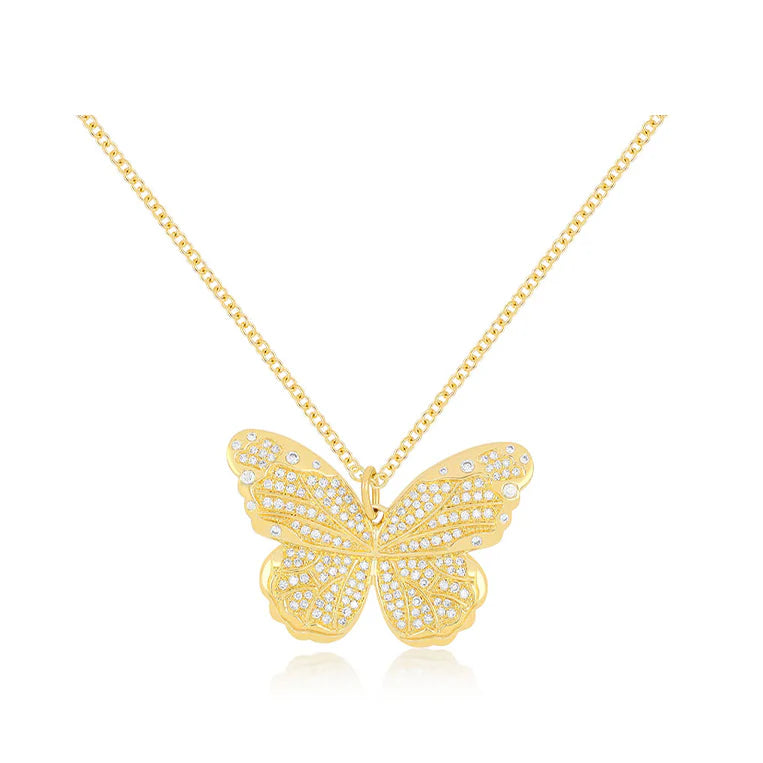 EF Collection Pavé Diamond Jumbo Butterfly Necklace in yellow gold on white background.