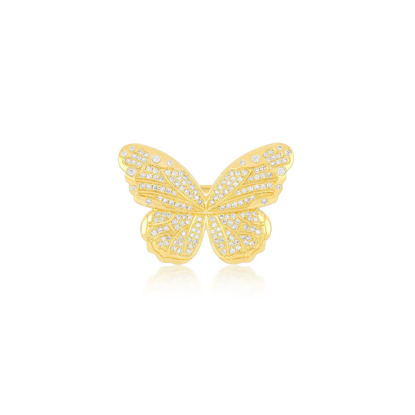 EF Collection Pavé Diamond Jumbo Butterfly Ring in yellow gold on white background.