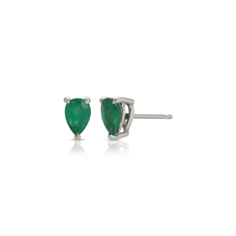 EF Collection Pear Emerald Stud Earrings in white gold displayed on white background.