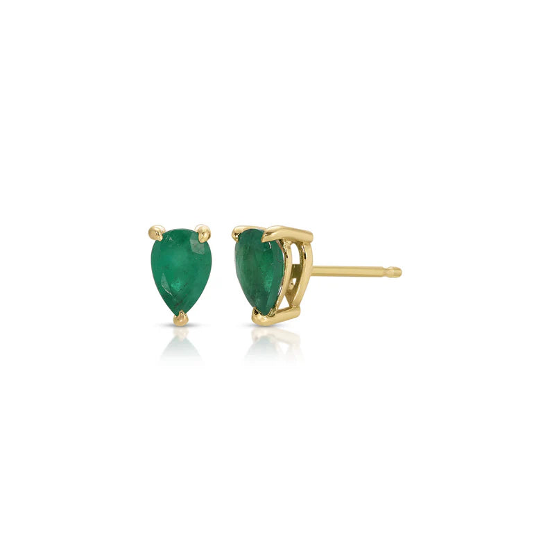 EF Collection Pear Emerald Stud Earrings in yellow gold displayed on white background.