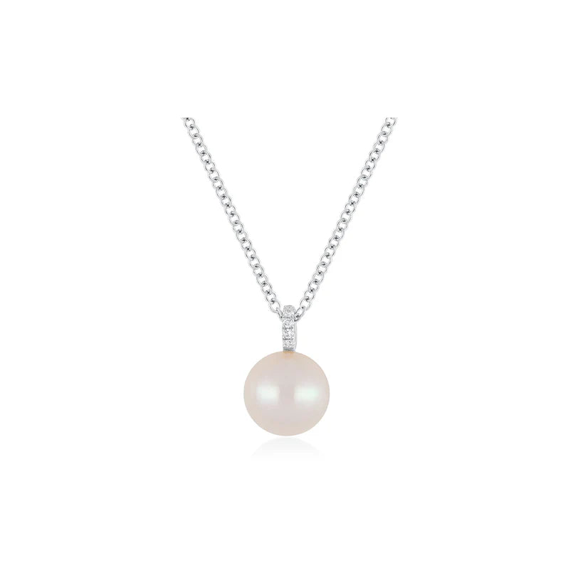 EF Collection Pearl Ball Drop Necklace in white gold on white background.
