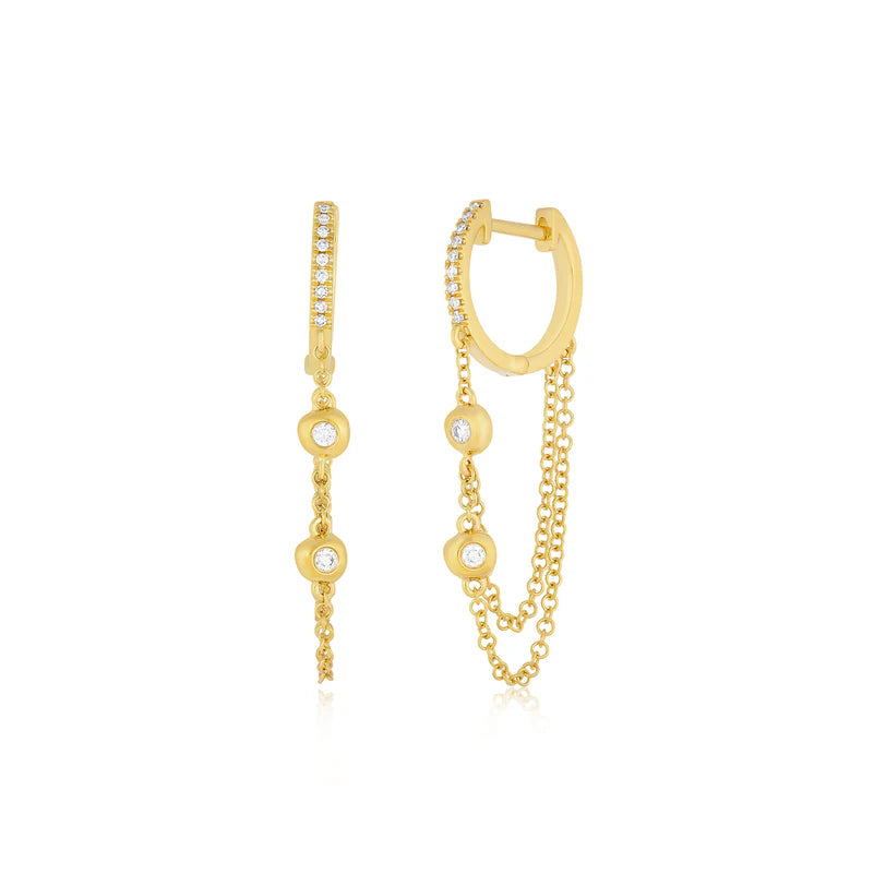 Pillow Chain Diamond Mini Huggie Earring in yellow gold displayed on white background