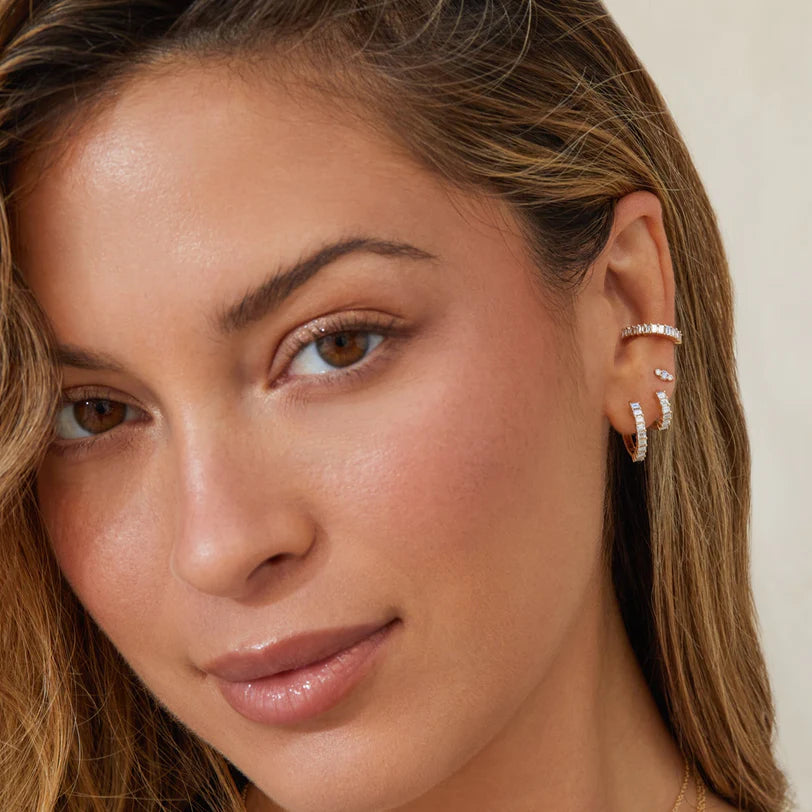EF Collection Prong Set Diamond Baguette Ear Cuff styled on model.