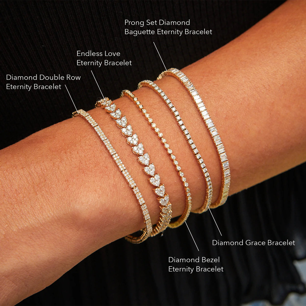 EF Collection Prong Set Diamond Baguette Eternity Bracelet with different types of eternity bracelets on models wrist.