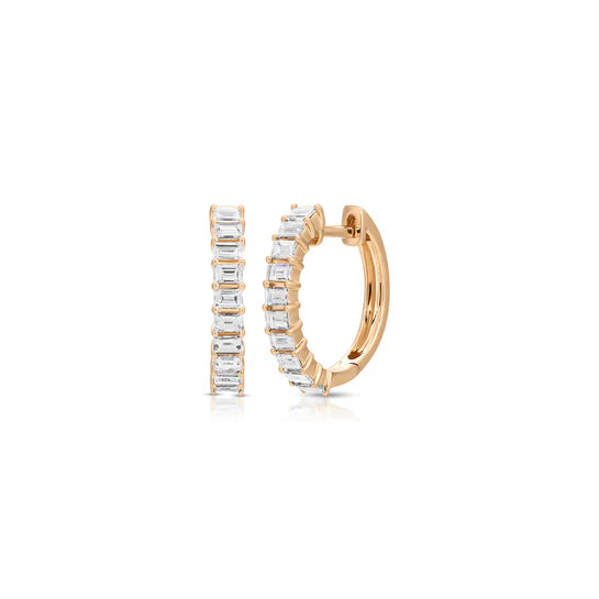 EF-Collection Prong Set Diamond Baguette Hoop Earrings in rose gold on white background
