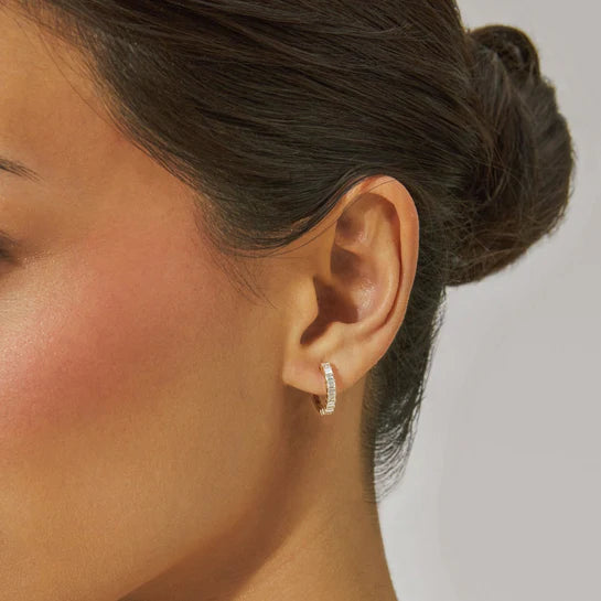 Single EF-Collection Prong Set Diamond Baguette Hoop Earrings styled on models ear