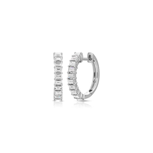 EF-Collection Prong Set Diamond Baguette Hoop Earrings in white gold on white background