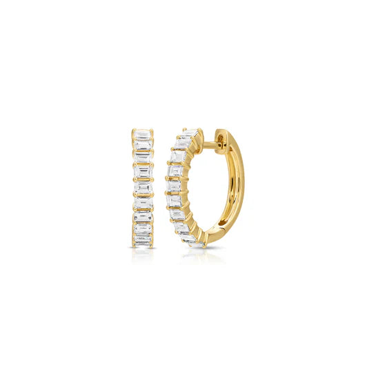 EF-Collection Prong Set Diamond Baguette Hoop Earrings in yellow gold on white background