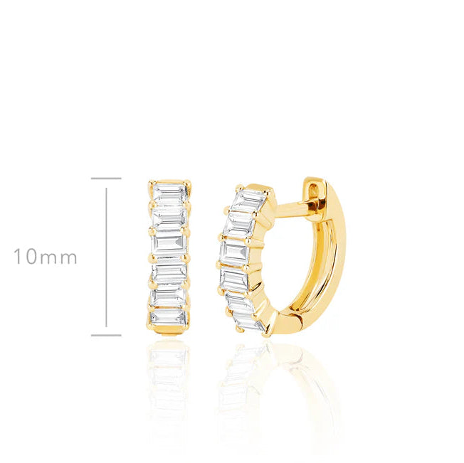 EF-Collection Prong Set Diamond Baguette Huggie Earrings in yellow gold on white background with dimensions
