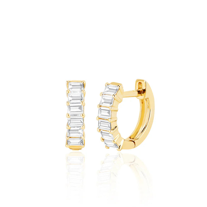 EF-Collection Prong Set Diamond Baguette Huggie Earrings in yellow gold on white background