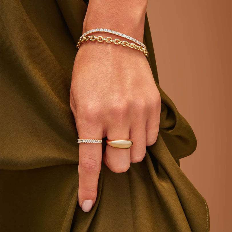 EF Collection Prong Set Diamond Baguette Ring styled on model’s index finger.