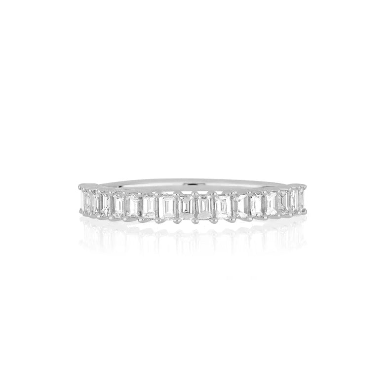 EF Collection Prong Set Diamond Baguette Ring in white gold on white background.
