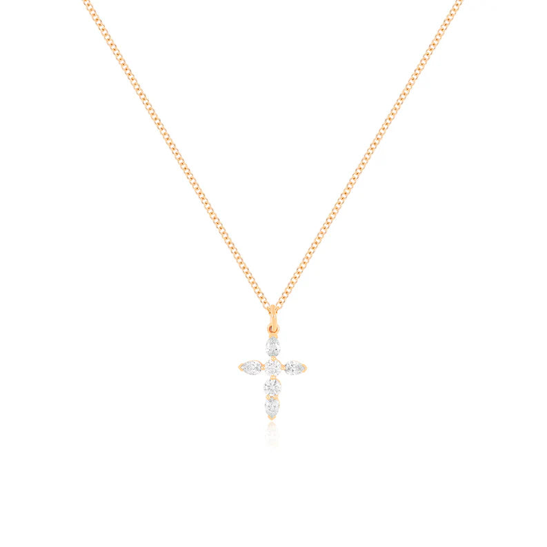 EF Collection Prong Set Diamond Cross Necklace in rose gold on white background.