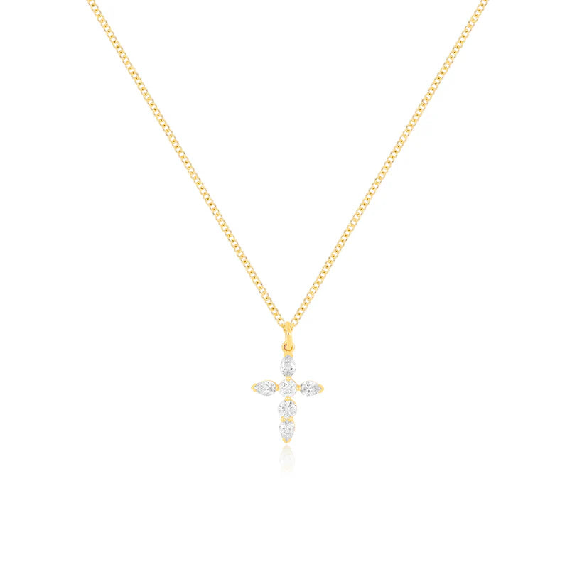 EF Collection Prong Set Diamond Cross Necklace in yellow gold on white background.